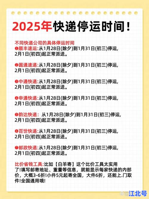 快递春节停运到什么时候2025官方通知：各快递公司停运恢复时间与查询入口汇总